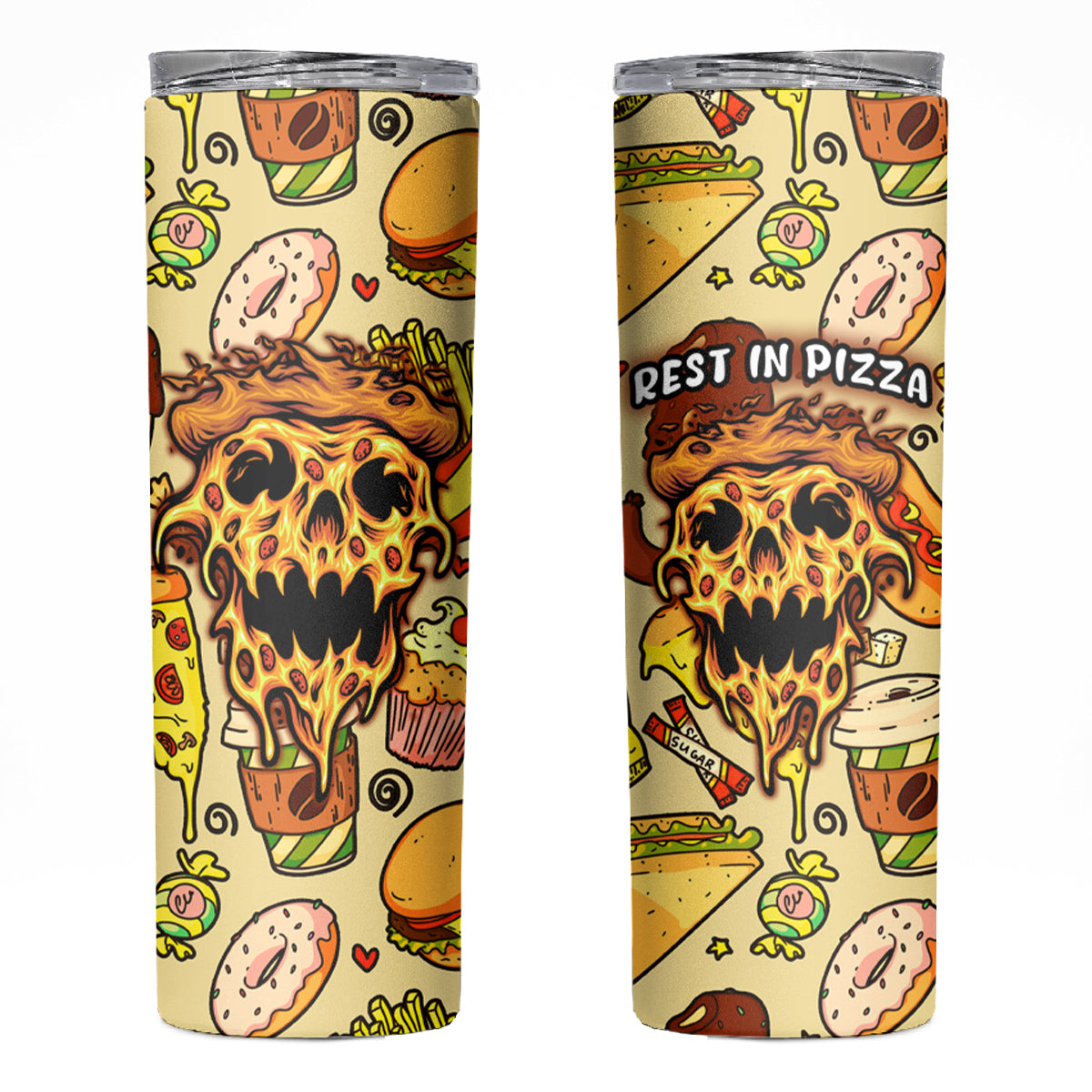 Skull Pizza Pattern Skinny Tumbler Rest in pizza