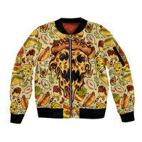 Multicolor pizza-themed bomber jacket with skull graphic, zip front, black ribbed trim