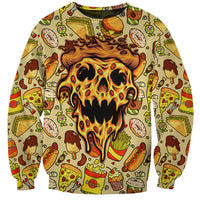 Pizza skull graphic sweatshirt with allover food pattern, long sleeves
