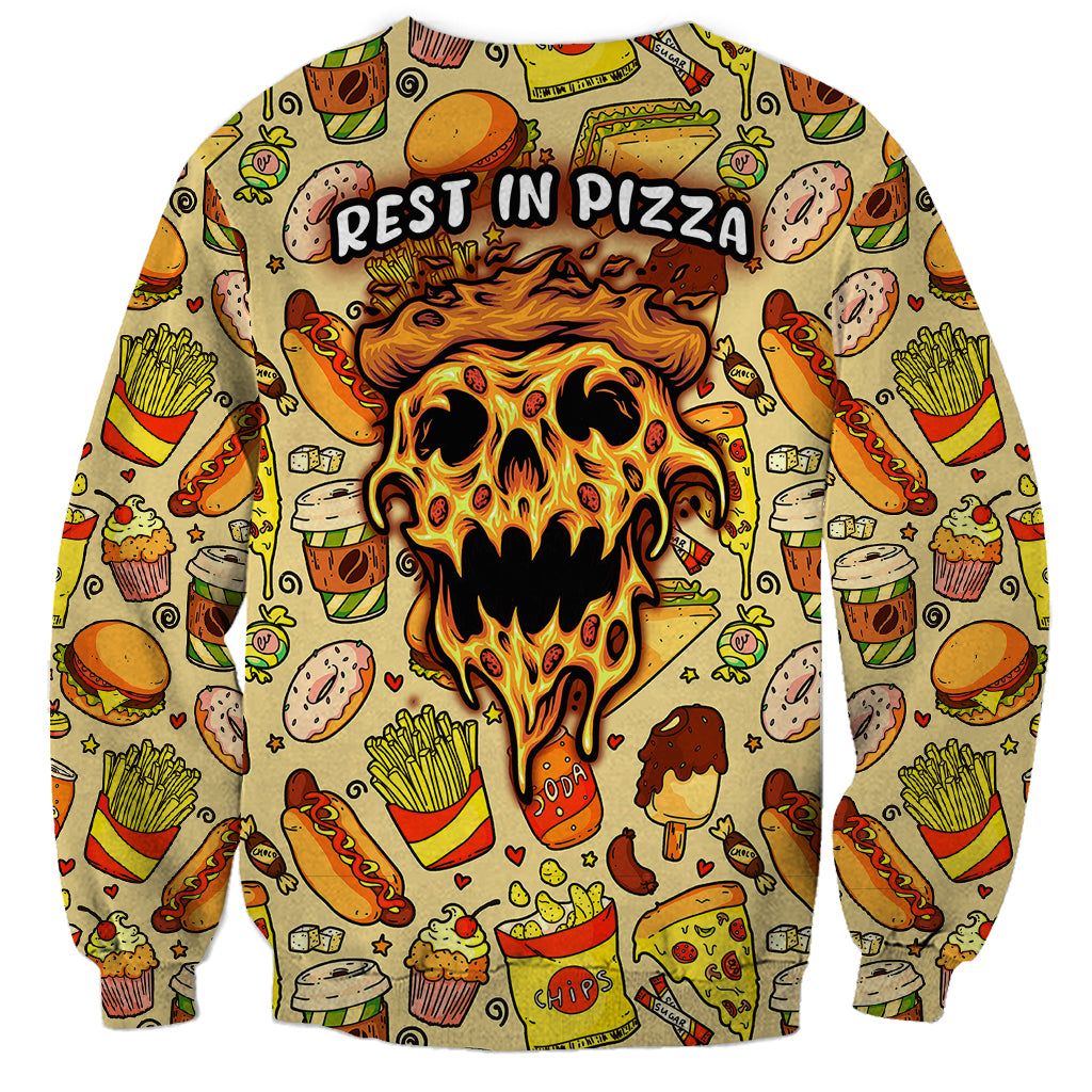 Back of pizza skull sweatshirt with “REST IN PIZZA” text and allover food icons