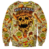 Back of pizza skull sweatshirt with “REST IN PIZZA” text and allover food icons