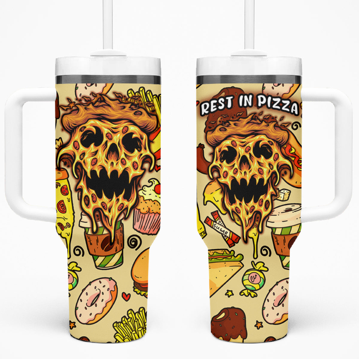 Skull Pizza Pattern Tumbler With Handle Rest in pizza