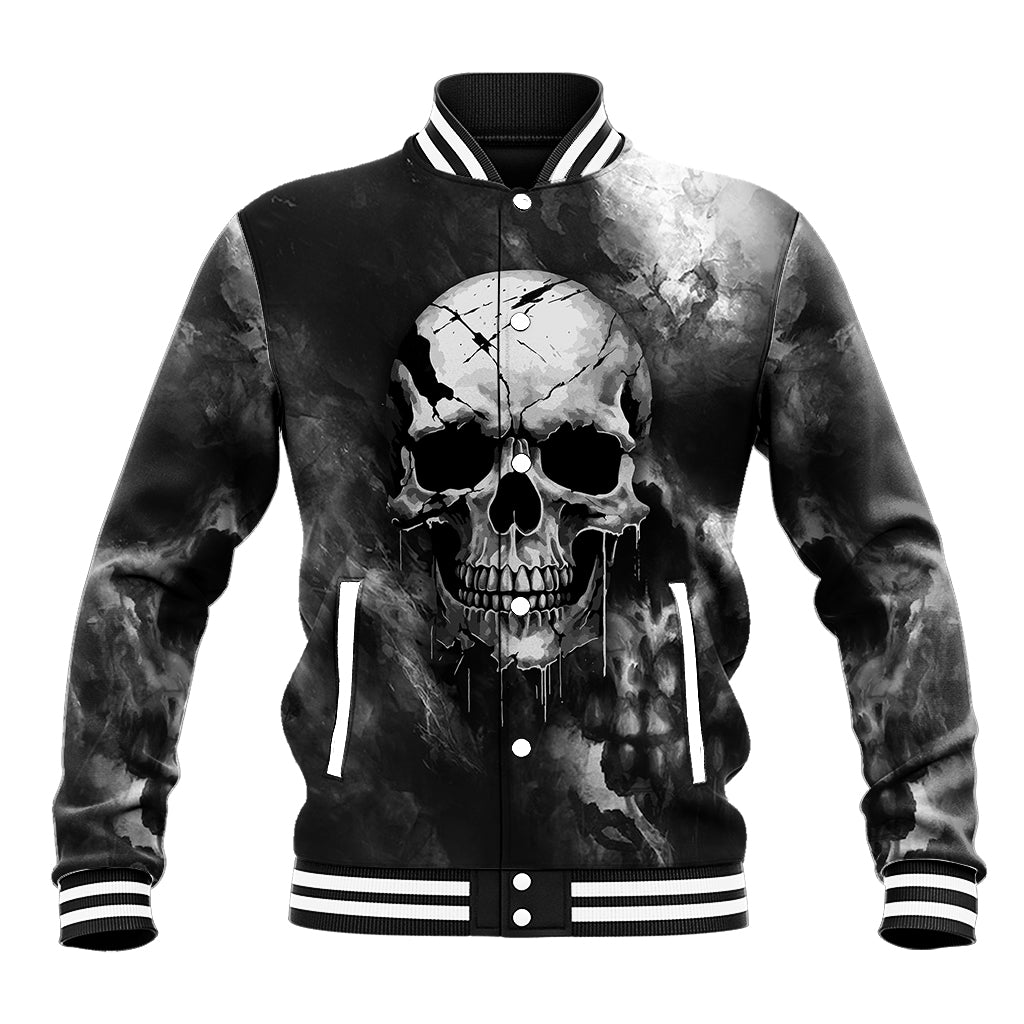 Black baseball jacket with grunge skull graphic and snap front, striped ribbed collar