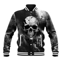 Black baseball jacket with grunge skull graphic and snap front, striped ribbed collar