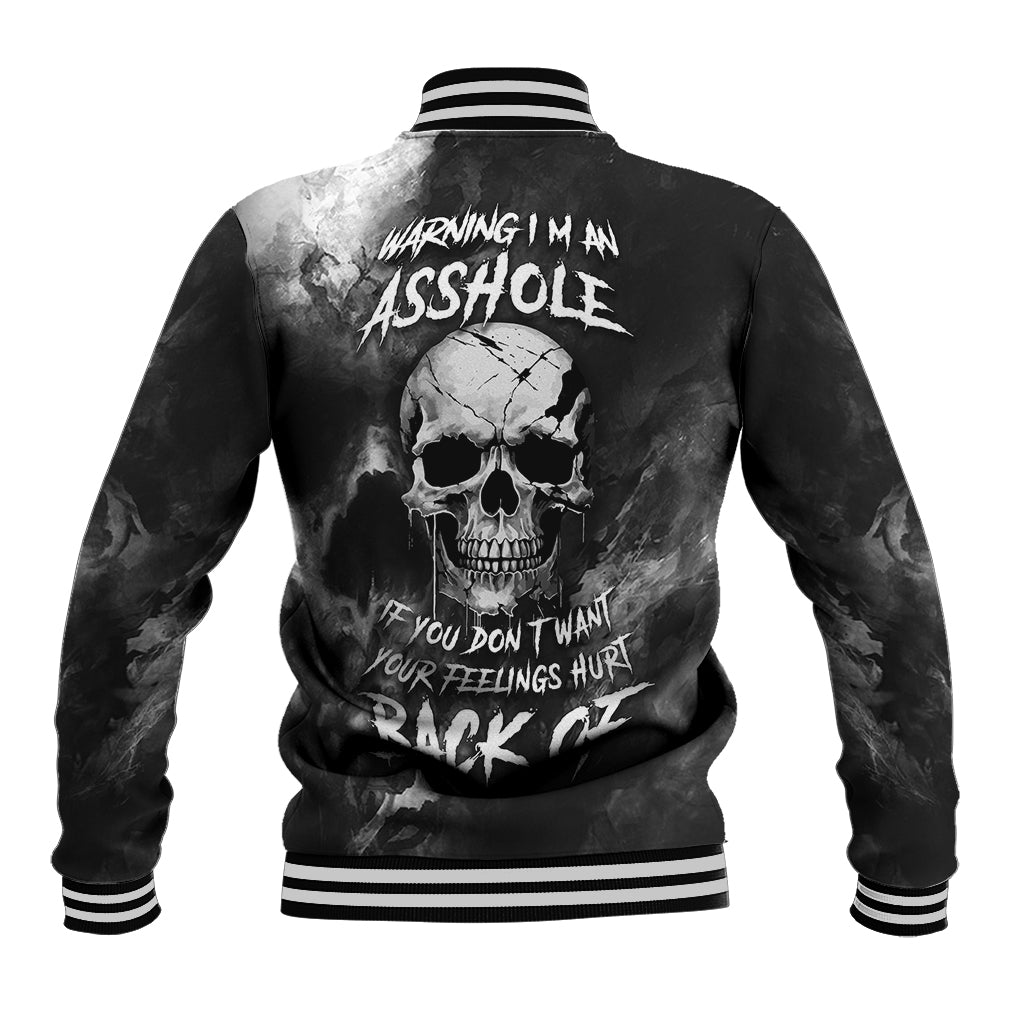 Black baseball jacket back with grunge skull print, warning text, striped ribbed cuffs