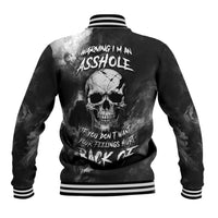 Black baseball jacket back with grunge skull print, warning text, striped ribbed cuffs