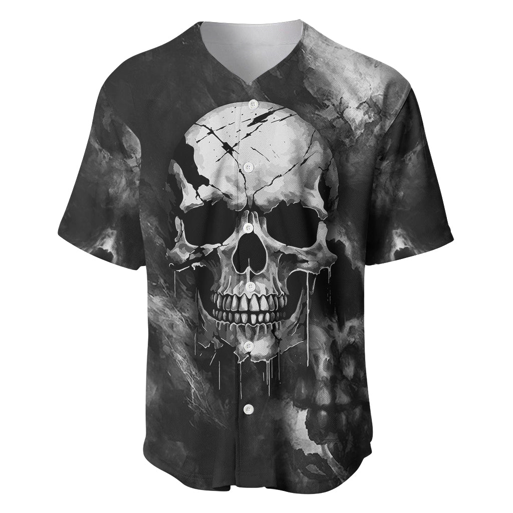 Black baseball jersey with front skull grunge graphic and buttoned placket