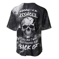 Black baseball jersey with back skull graphic and warning text, short sleeves