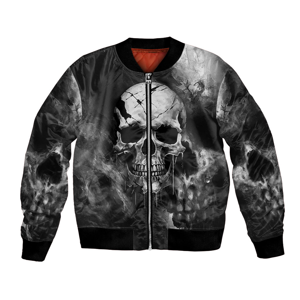 Black bomber jacket with skull grunge print on front, full-zip, ribbed cuffs and hem