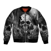 Black bomber jacket with skull grunge print on front, full-zip, ribbed cuffs and hem