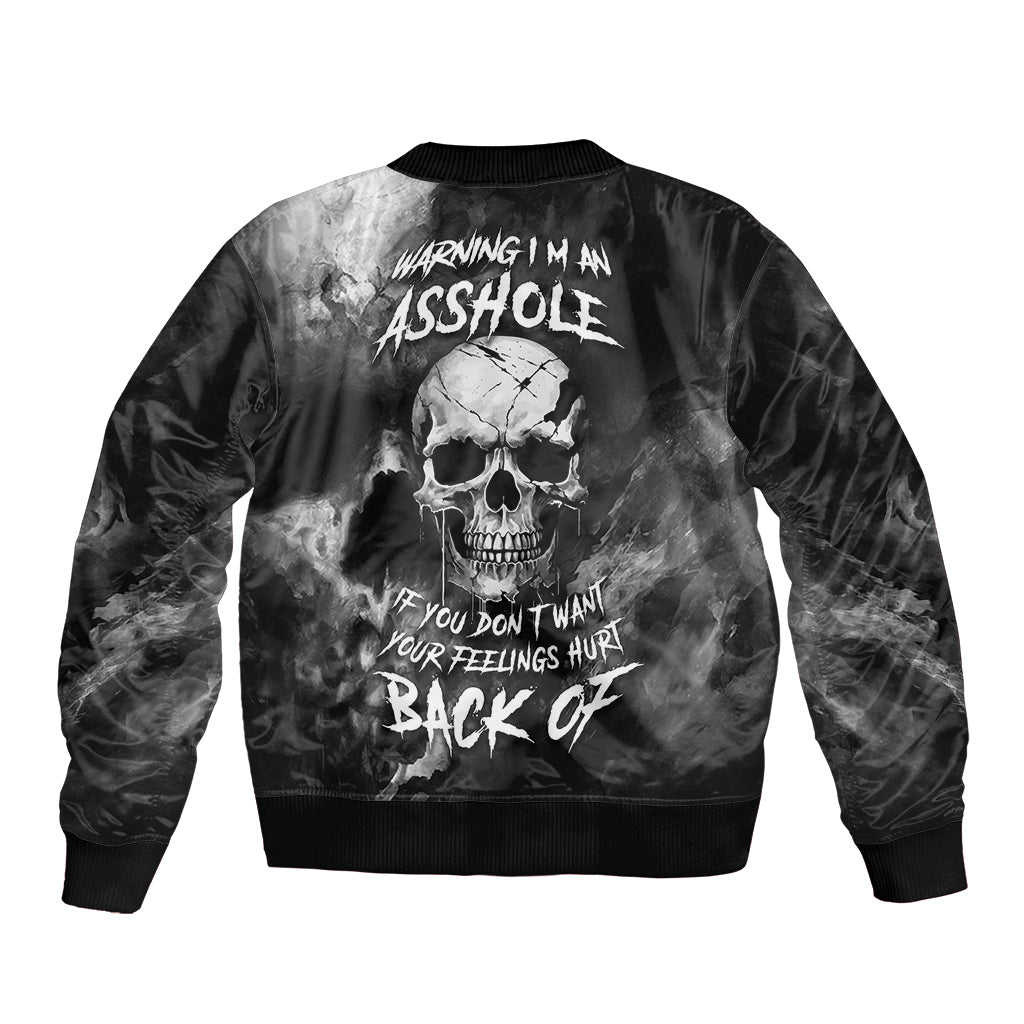Black bomber jacket with skull grunge print and back text, ribbed collar, hem, and cuffs