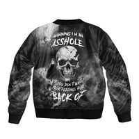 Black bomber jacket with skull grunge print and back text, ribbed collar, hem, and cuffs