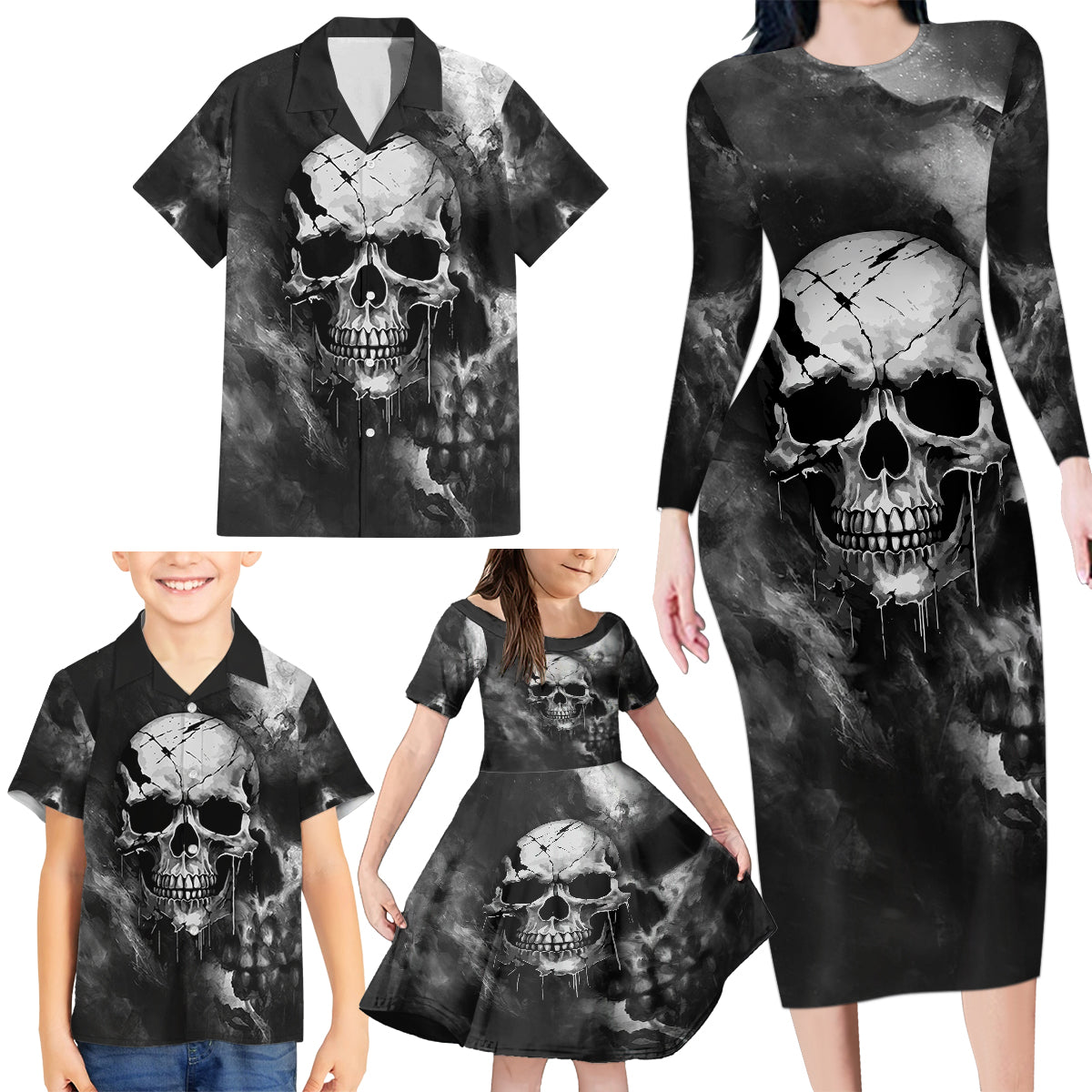 Skull Grunge Pattern Family Matching Long Sleeve Bodycon Dress and Hawaiian Shirt Warning I'm an Asshole - Wonder Print Shop