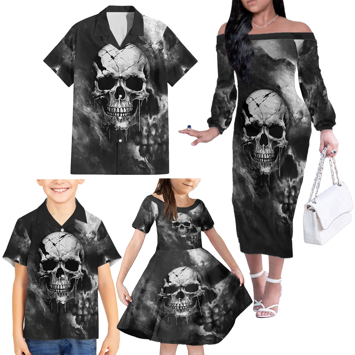 Skull Grunge Pattern Family Matching Off Shoulder Long Sleeve Dress and Hawaiian Shirt Warning I'm an Asshole - Wonder Print Shop