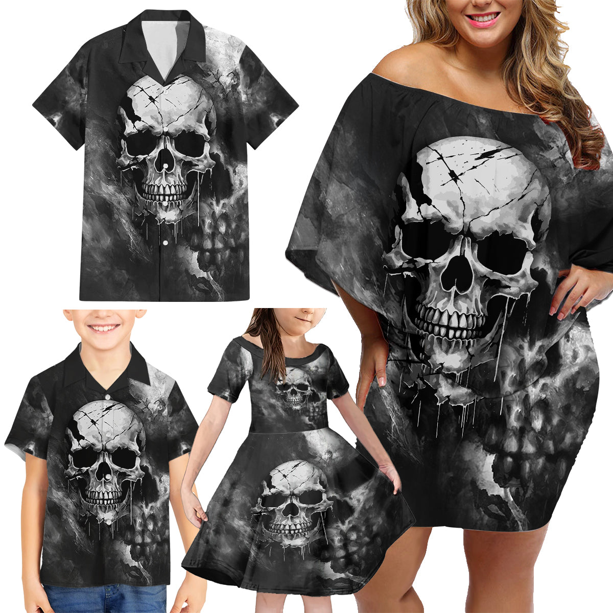 Skull Grunge Pattern Family Matching Off Shoulder Short Dress and Hawaiian Shirt Warning I'm an Asshole - Wonder Print Shop