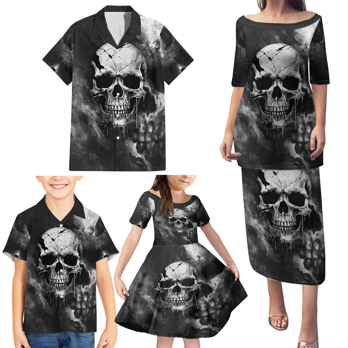 Skull Grunge Pattern Family Matching Puletasi Dress and Hawaiian Shirt Warning I'm an Asshole - Wonder Print Shop