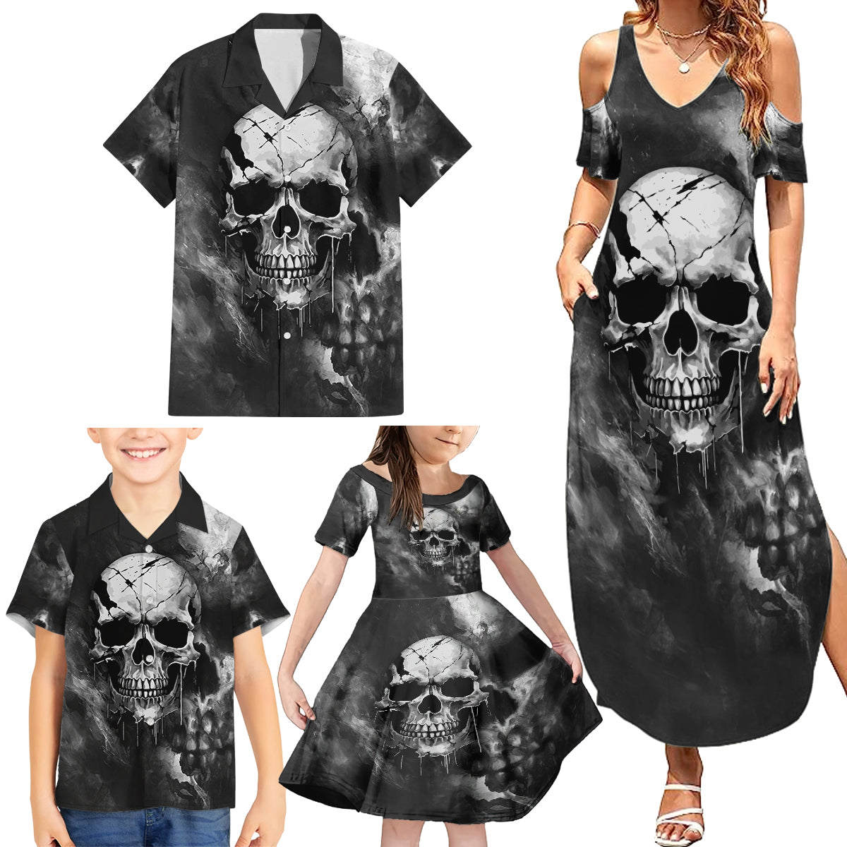 Skull Grunge Pattern Family Matching Summer Maxi Dress and Hawaiian Shirt Warning I'm an Asshole - Wonder Print Shop