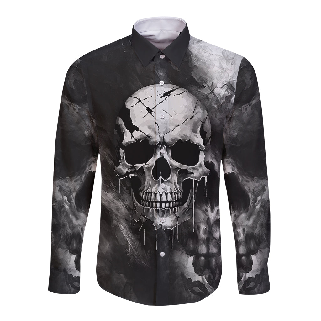 Black long-sleeve button shirt with skull grunge print and pointed collar