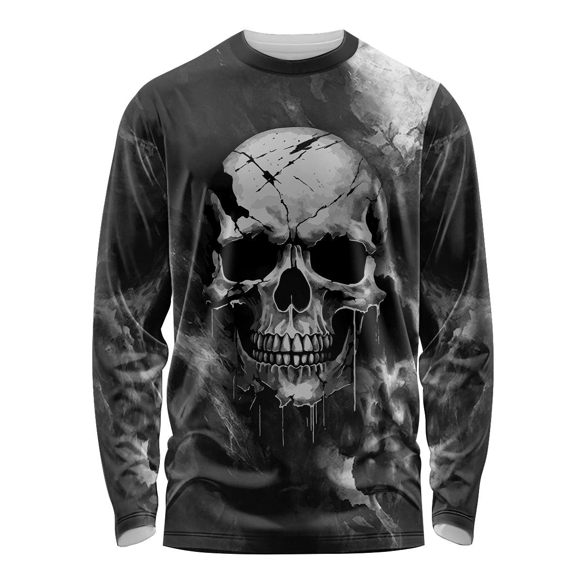 Black long sleeve graphic shirt with grunge skull front print