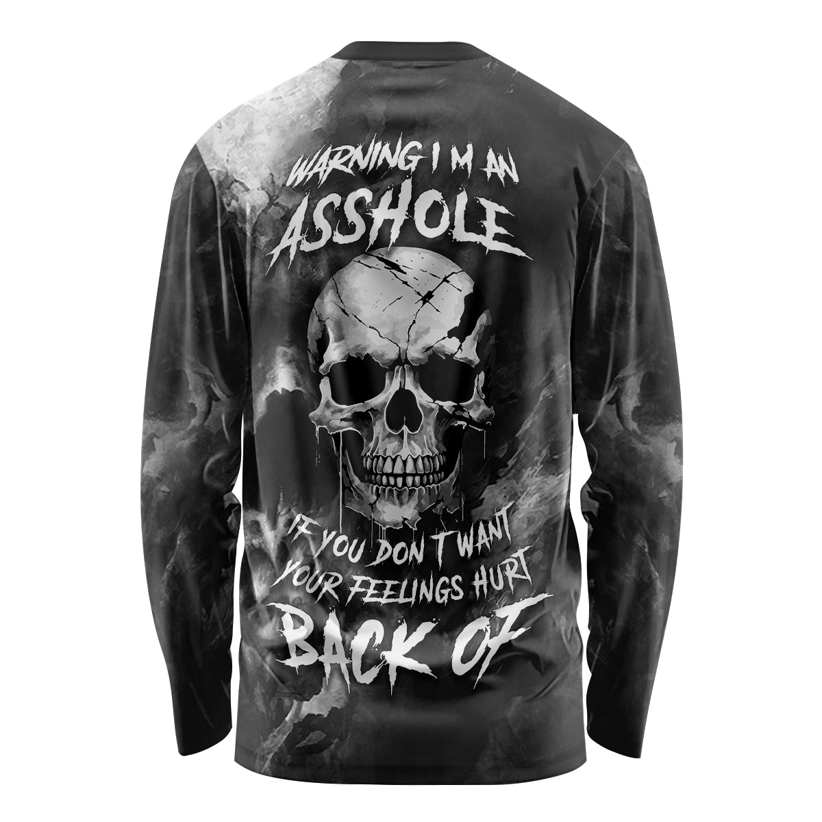 Black long sleeve shirt with grunge skull back text 'WARNING I'M AN ASSHOLE'