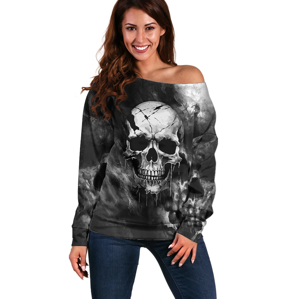 Skull Grunge Pattern Off Shoulder Sweater Warning I'm an Asshole - Wonder Print Shop