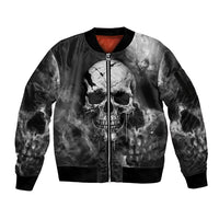 Black bomber jacket with skull grunge graphic, front zip and ribbed cuffs