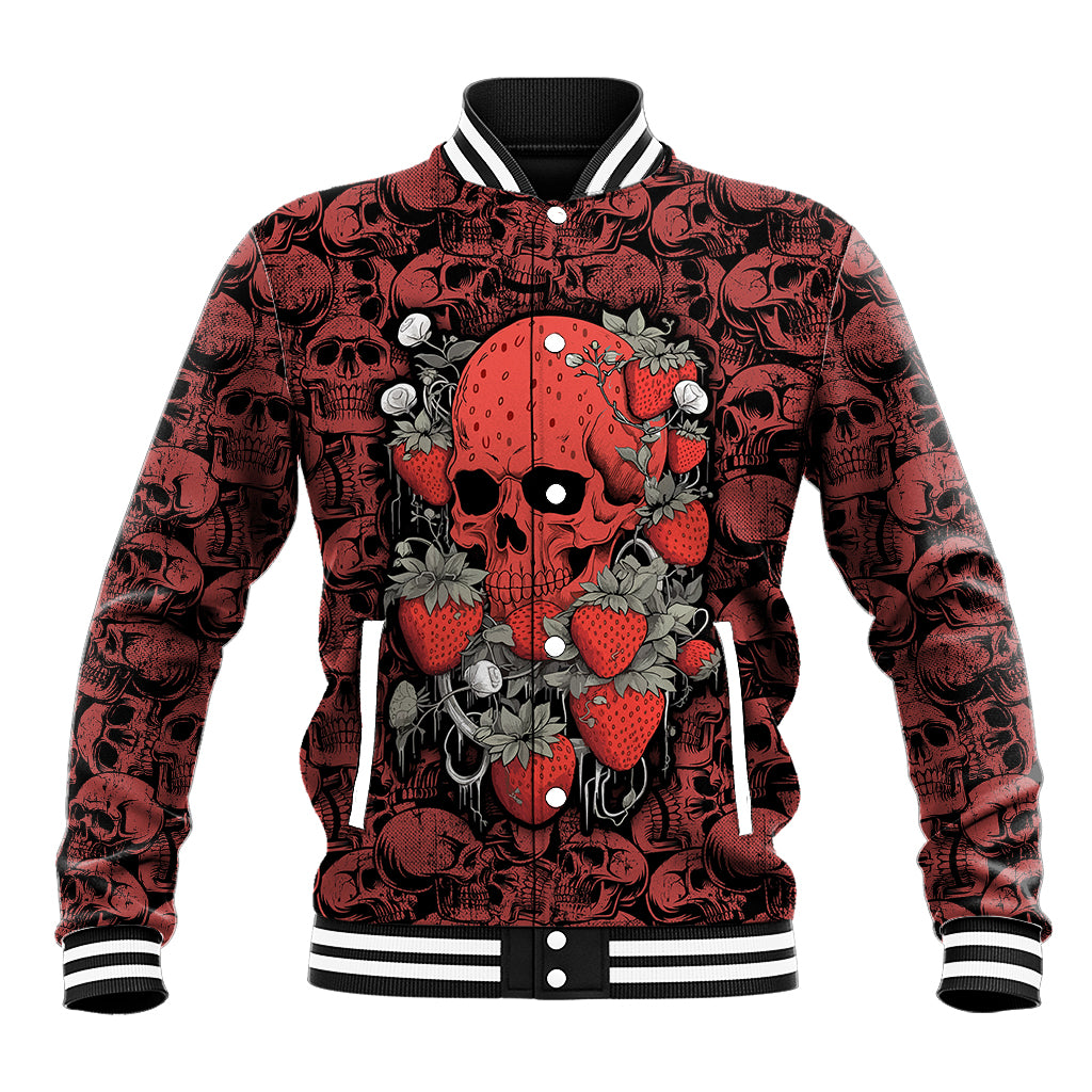 Red skull-pattern baseball jacket with strawberry skull graphic, button-front, ribbed cuffs