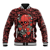 Red skull-pattern baseball jacket with strawberry skull graphic, button-front, ribbed cuffs