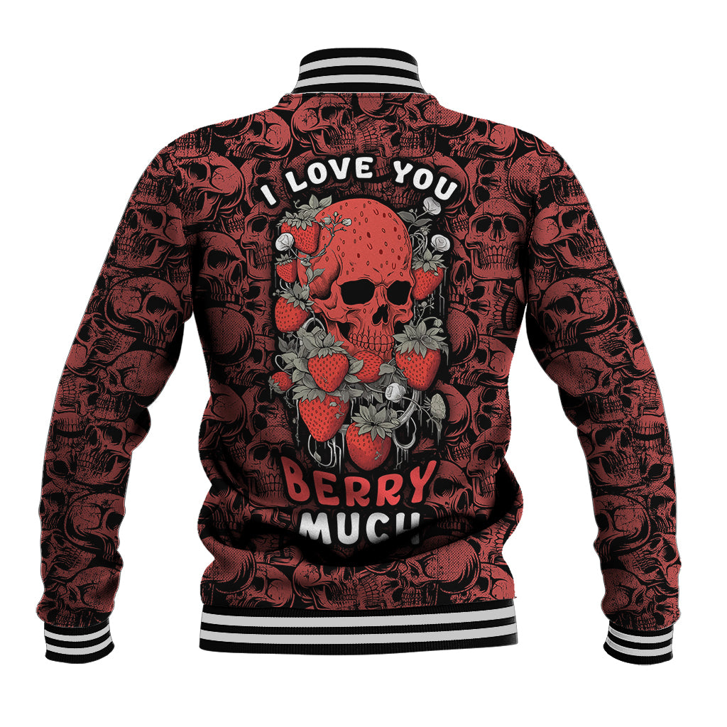 Red skull-pattern baseball jacket with back text 'I LOVE YOU' and 'BERRY MUCH', ribbed hem