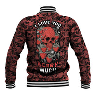 Red skull-pattern baseball jacket with back text 'I LOVE YOU' and 'BERRY MUCH', ribbed hem