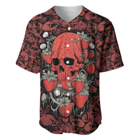 Red baseball jersey with skull and strawberry graphic, buttoned collar, all-over print.