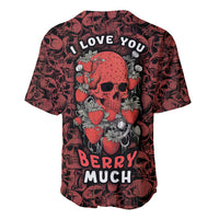 Red baseball jersey with skull and strawberry print, I LOVE YOU and BERRY MUCH text.