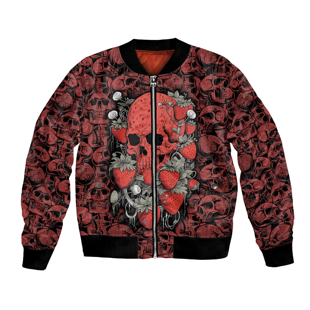 Red bomber jacket with skull pattern, zip front, ribbed cuffs, floral strawberry graphic