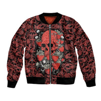 Red bomber jacket with skull pattern, zip front, ribbed cuffs, floral strawberry graphic