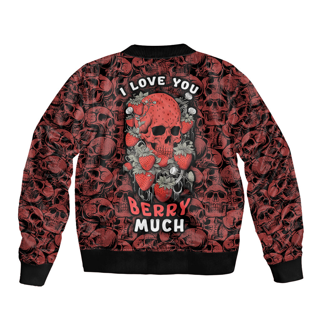 Red bomber jacket back with skull, strawberries, 'I LOVE YOU' and 'BERRY MUCH' print