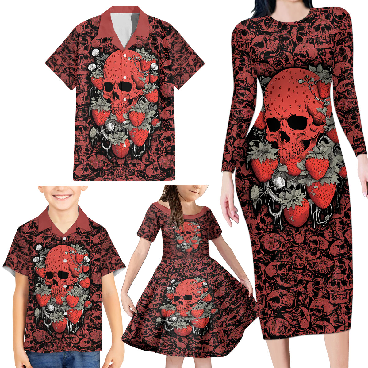 Skull pattern Family Matching Long Sleeve Bodycon Dress and Hawaiian Shirt I Love You Berry Much - Wonder Print Shop