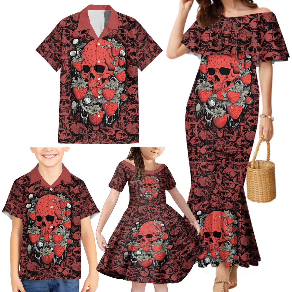 Skull pattern Family Matching Mermaid Dress and Hawaiian Shirt I Love You Berry Much - Wonder Print Shop