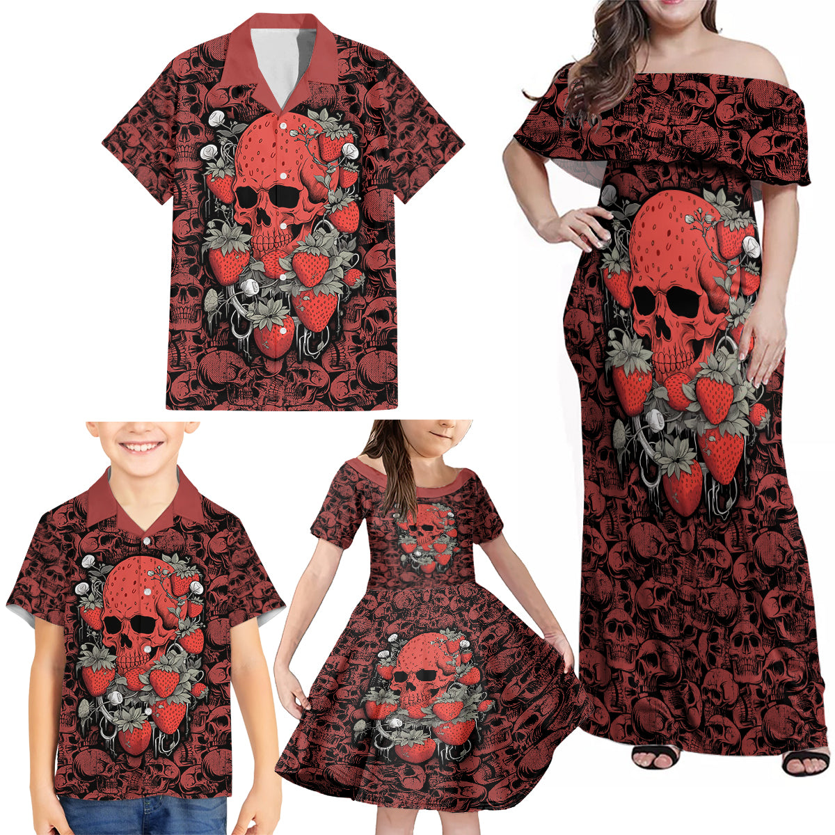 Skull pattern Family Matching Off Shoulder Maxi Dress and Hawaiian Shirt I Love You Berry Much - Wonder Print Shop