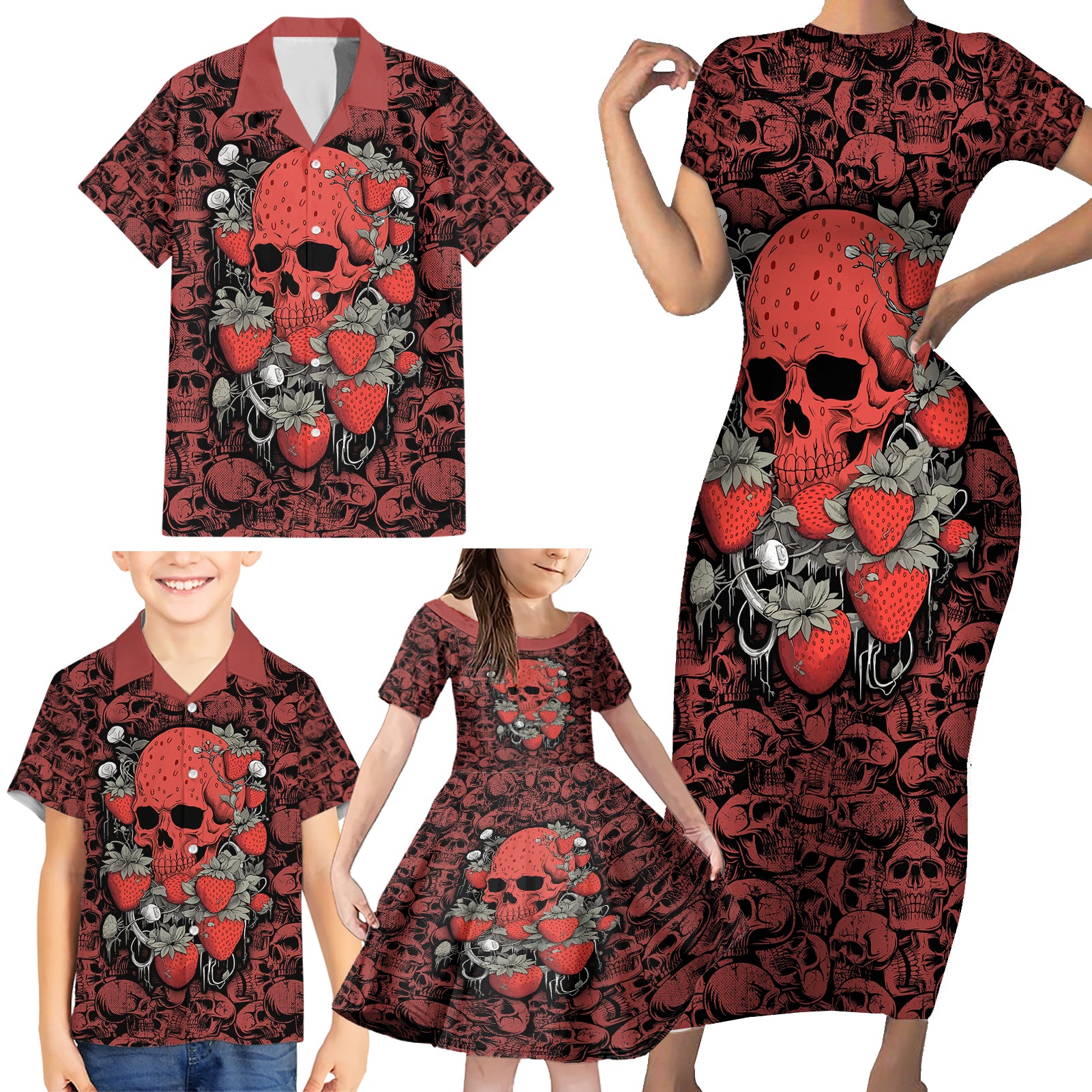 Skull pattern Family Matching Short Sleeve Bodycon Dress and Hawaiian Shirt I Love You Berry Much - Wonder Print Shop