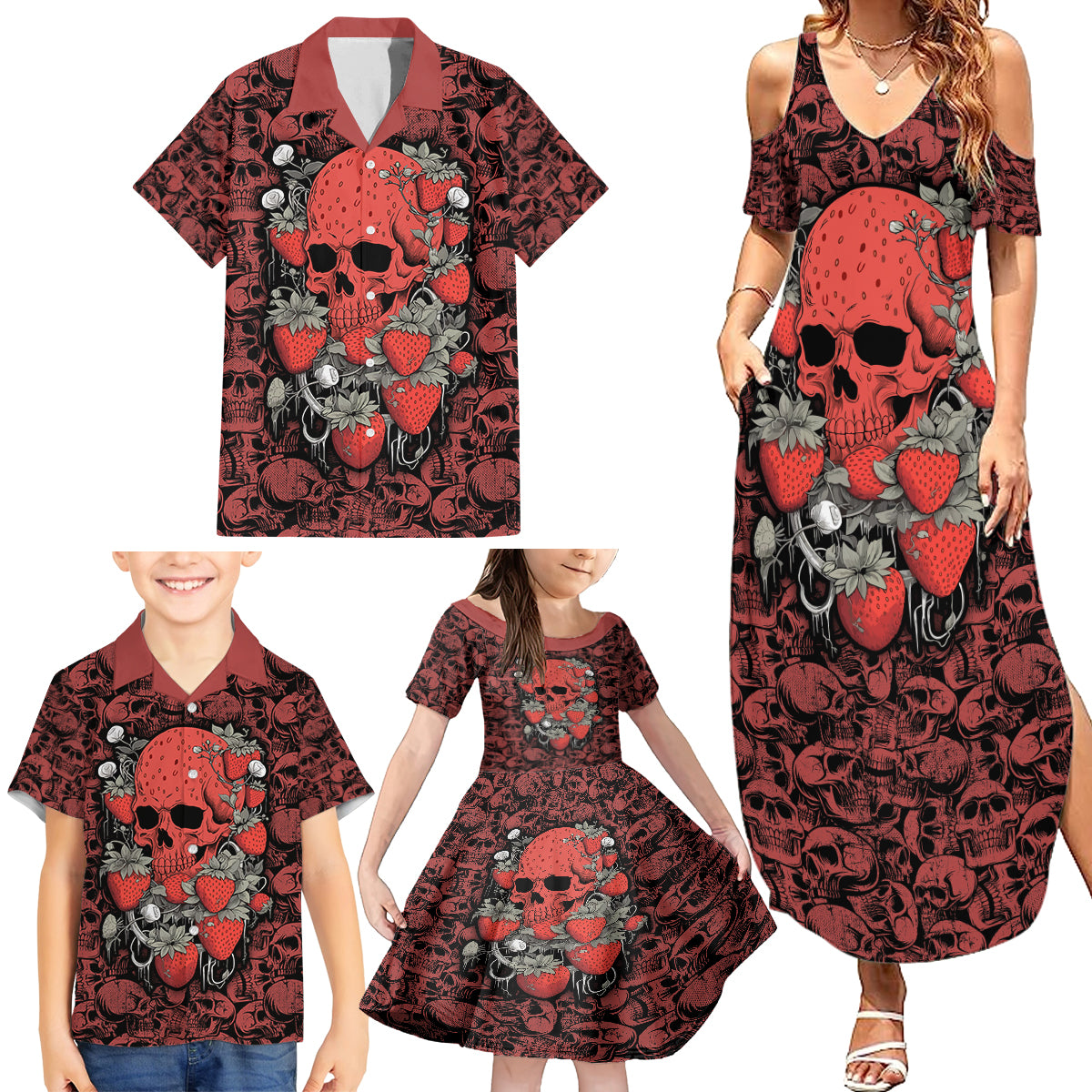 Skull pattern Family Matching Summer Maxi Dress and Hawaiian Shirt I Love You Berry Much - Wonder Print Shop