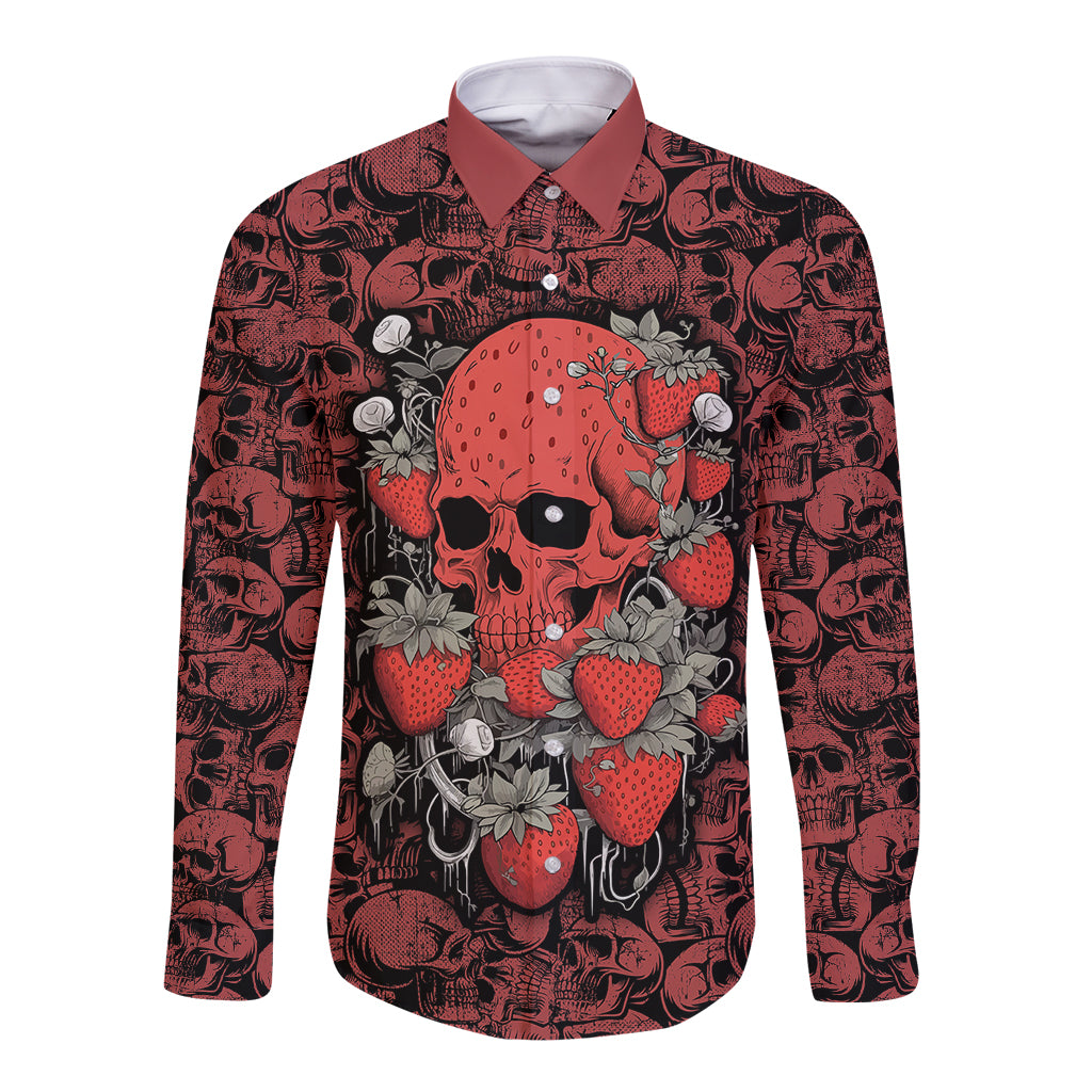 Red long-sleeve button shirt with skull, strawberries, and floral graphic