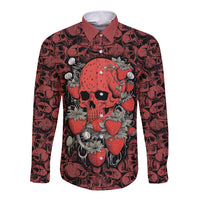 Red long-sleeve button shirt with skull, strawberries, and floral graphic