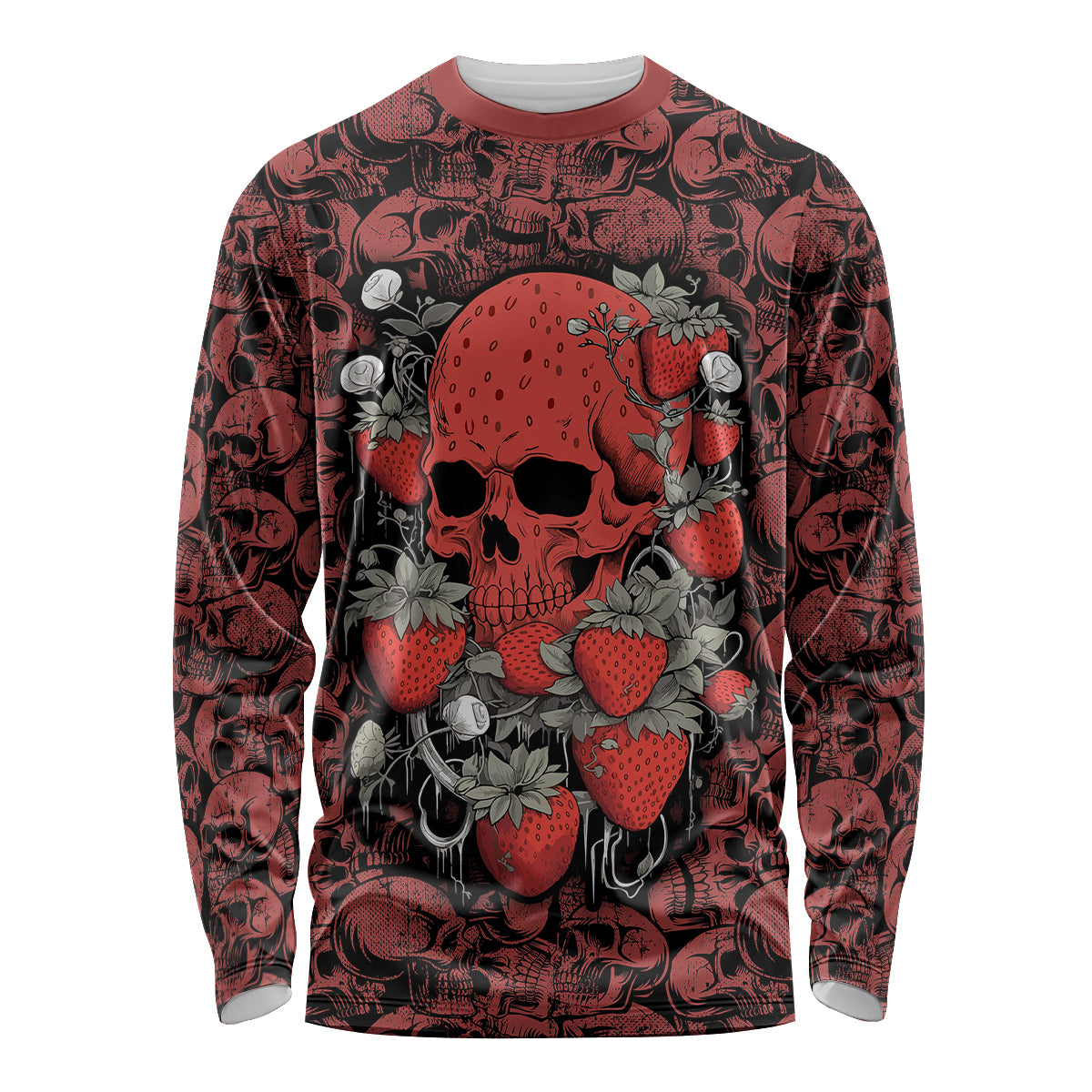 Unisex long sleeve shirt in red with skull, strawberries, and heart graphic (front)