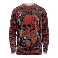 Unisex long sleeve shirt in red with skull, strawberries, and heart graphic (front)