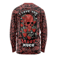 Unisex long sleeve shirt, red, with skull strawberries and LOVE YOU text (back)
