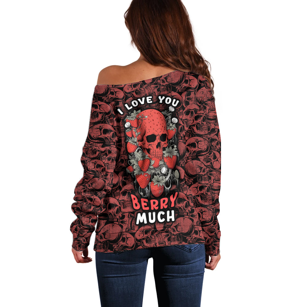 Red off-shoulder sweater back with skull, “LOVE YOU” and “BERRY MUCH” text
