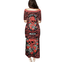 Red long dress with skull, heart, and berry graphic print, short sleeves, back text