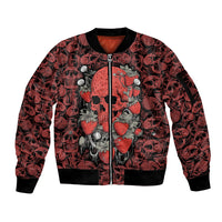 Red skull-pattern bomber jacket, front zip, ribbed hem and cuffs, berry heart graphic
