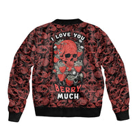 Red skull-pattern bomber jacket with 'I LOVE YOU' and 'BERRY MUCH' back graphic