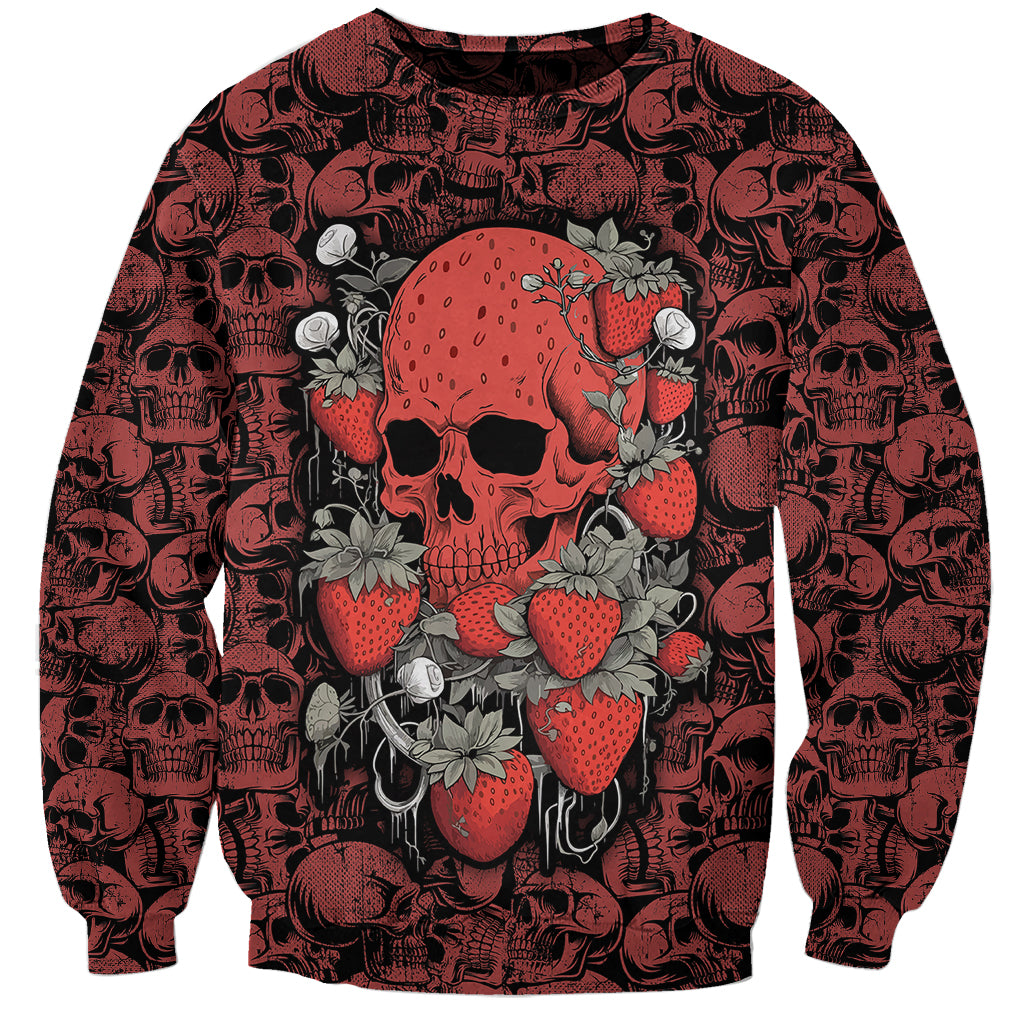 Red sweatshirt with skull and strawberry graphic pattern, long sleeves